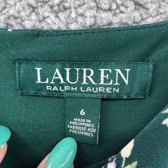 Lauren Ralph Lauren Green Floral Print Draped Waist Knee-Length Dress 3/4 Sleeve - Picture 6 of 10